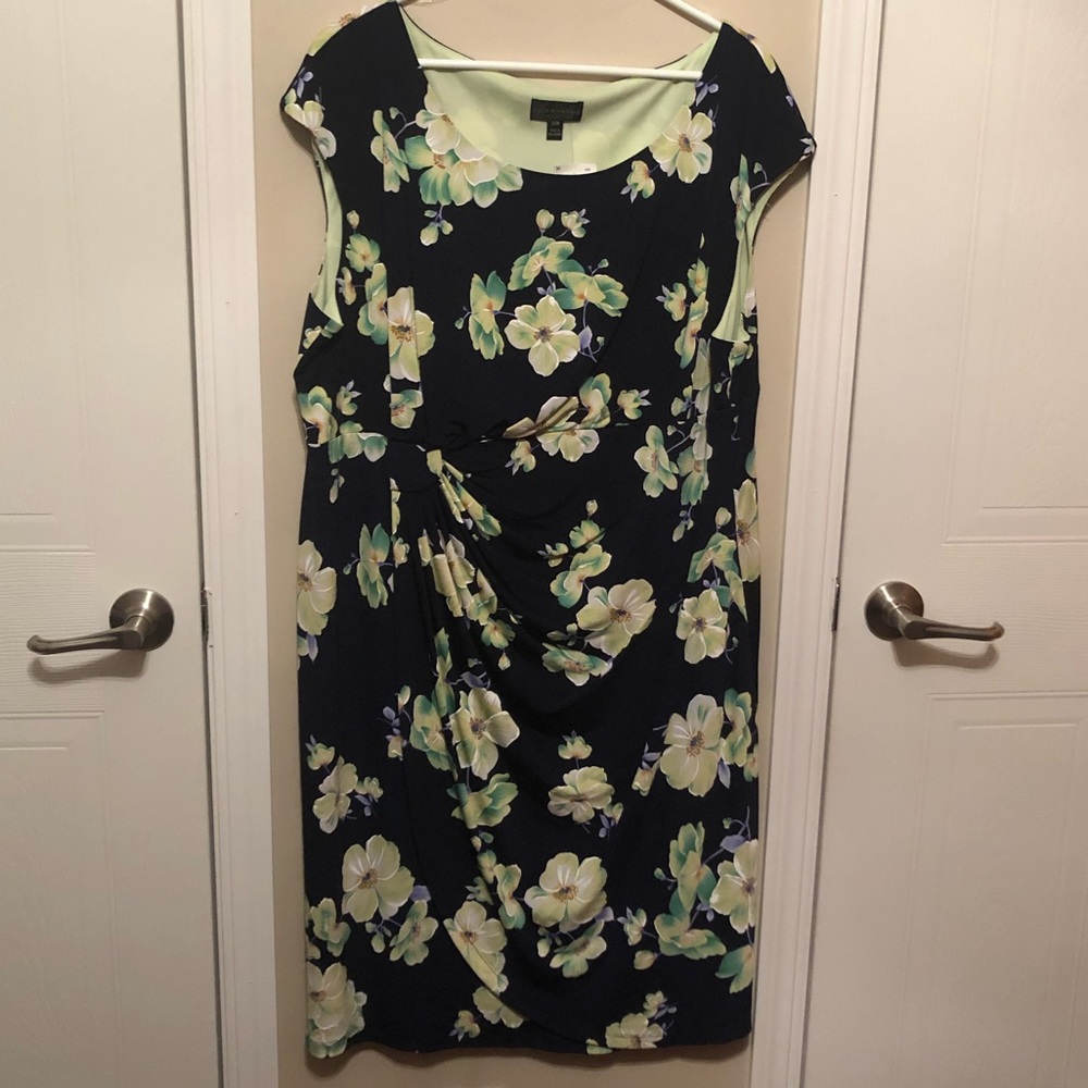 Navy and green floral cap sleeve dress